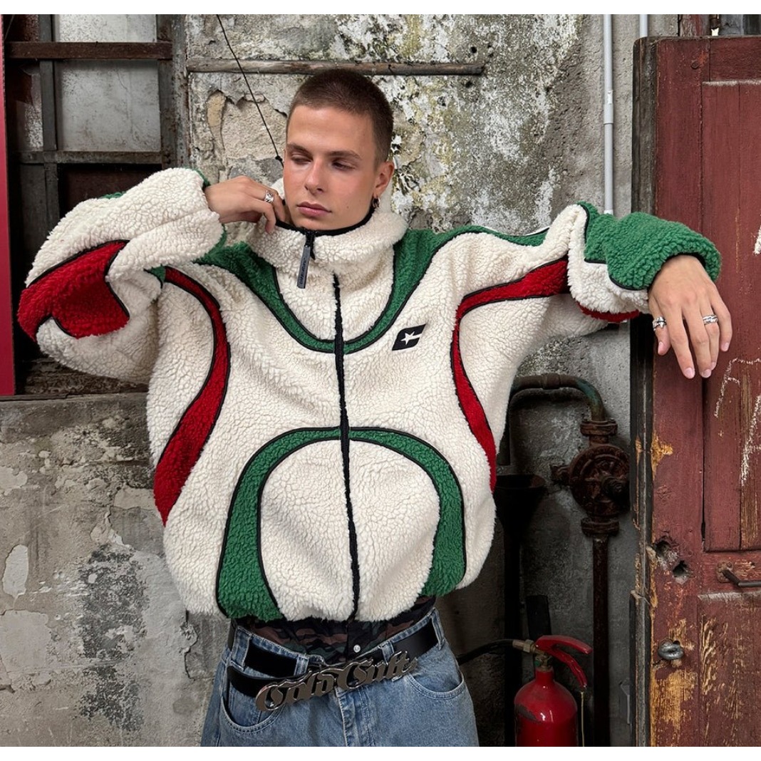 Cold Culture Sherpa Fleece Jacket Men Medium Cream Green Red Full Zip Streetwear